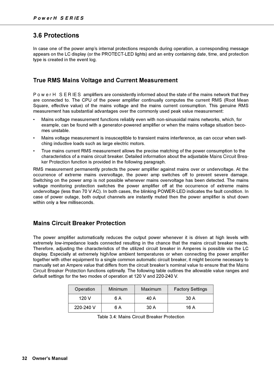 Dynacord H 2500, H 5000 Protections, True RMS Mains Voltage and Current Measurement, Mains Circuit Breaker Protection 