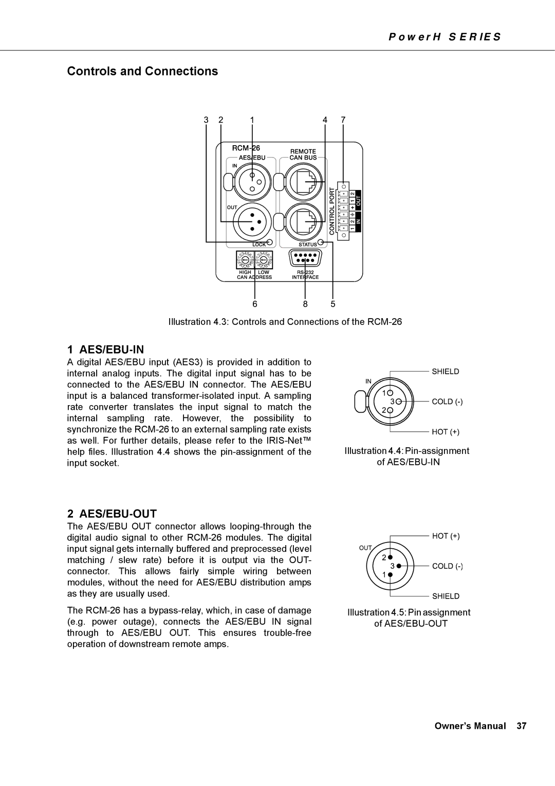 Dynacord H 5000, H 2500 owner manual Controls and Connections, Aes/Ebu-In 