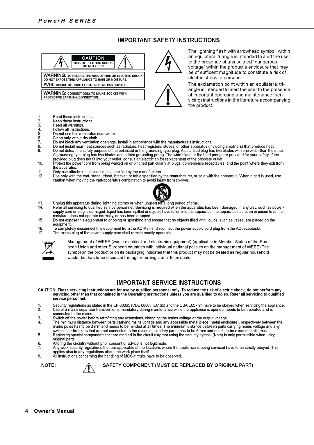 Dynacord H 2500, H 5000 owner manual Important Safety Instructions 