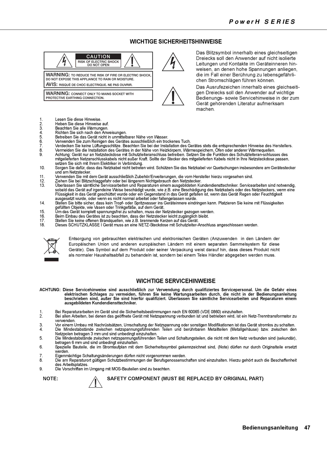 Dynacord H 5000, H 2500 owner manual Wichtige Sicherheitshinweise 