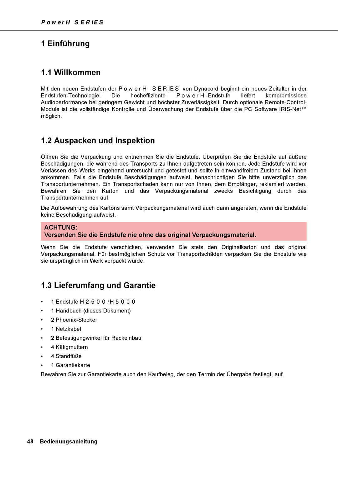 Dynacord H 2500, H 5000 owner manual Einführung Willkommen, Auspacken und Inspektion, Lieferumfang und Garantie 