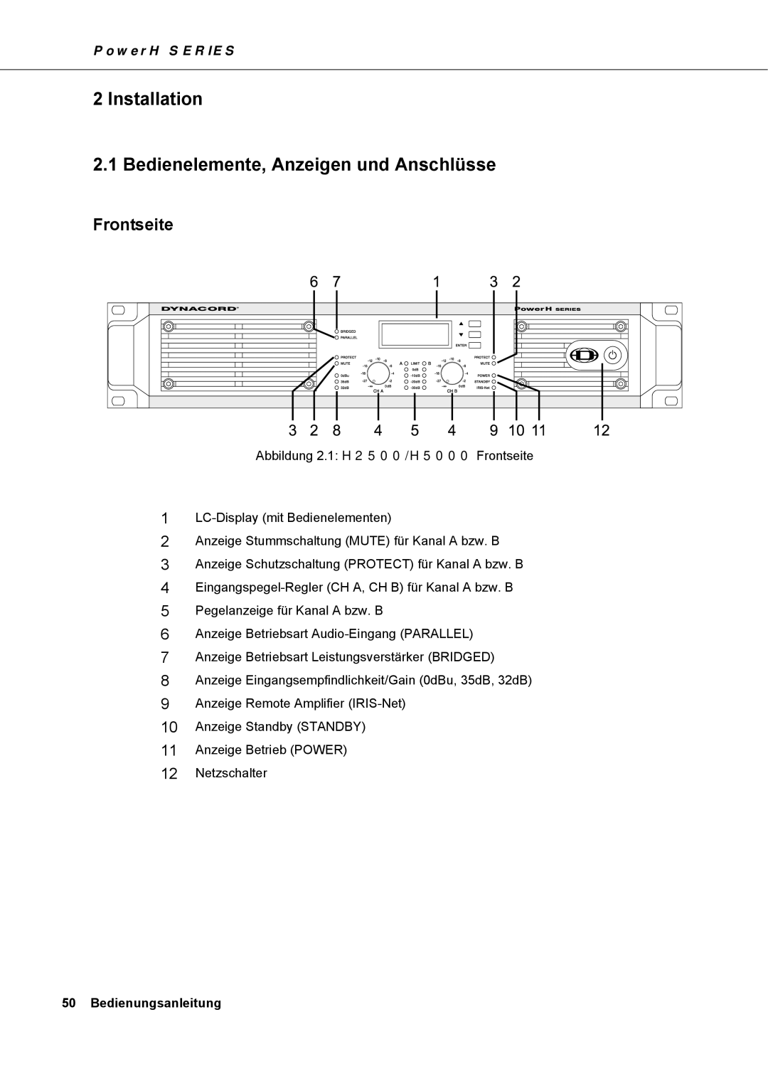 Dynacord H 2500, H 5000 owner manual Installation Bedienelemente, Anzeigen und Anschlüsse, Frontseite 