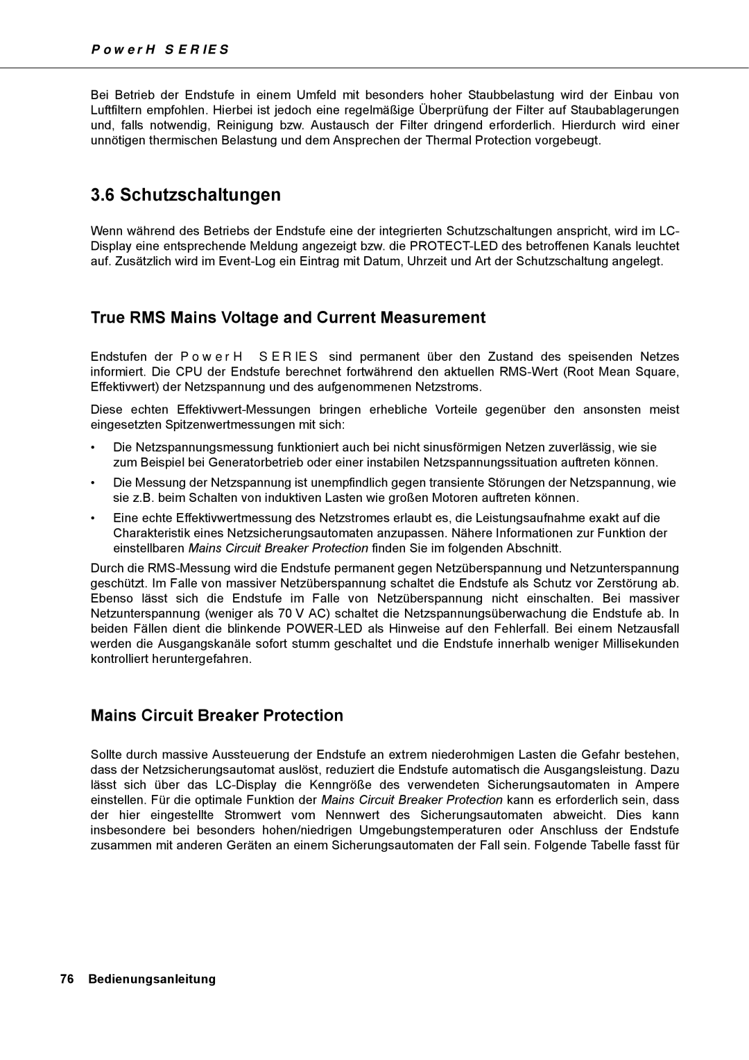 Dynacord H 2500, H 5000 owner manual Schutzschaltungen, True RMS Mains Voltage and Current Measurement 