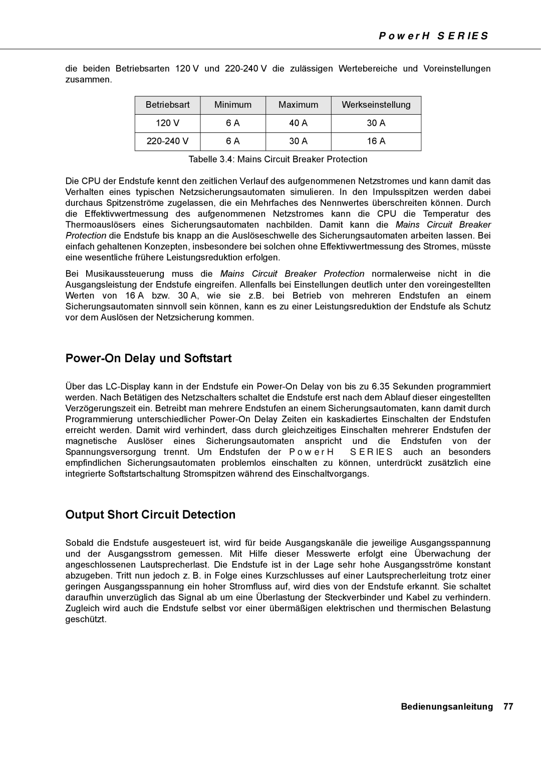 Dynacord H 5000, H 2500 owner manual Power-On Delay und Softstart, Output Short Circuit Detection 