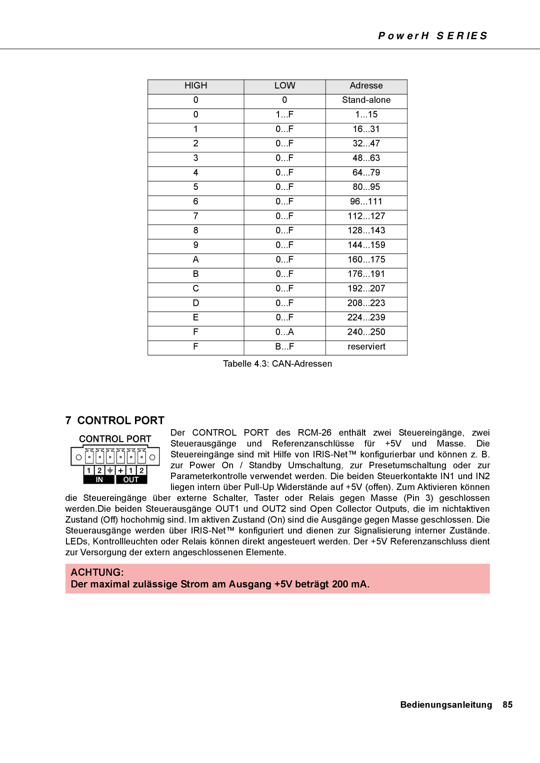 Dynacord H 5000, H 2500 owner manual Der maximal zulässige Strom am Ausgang +5V beträgt 200 mA 