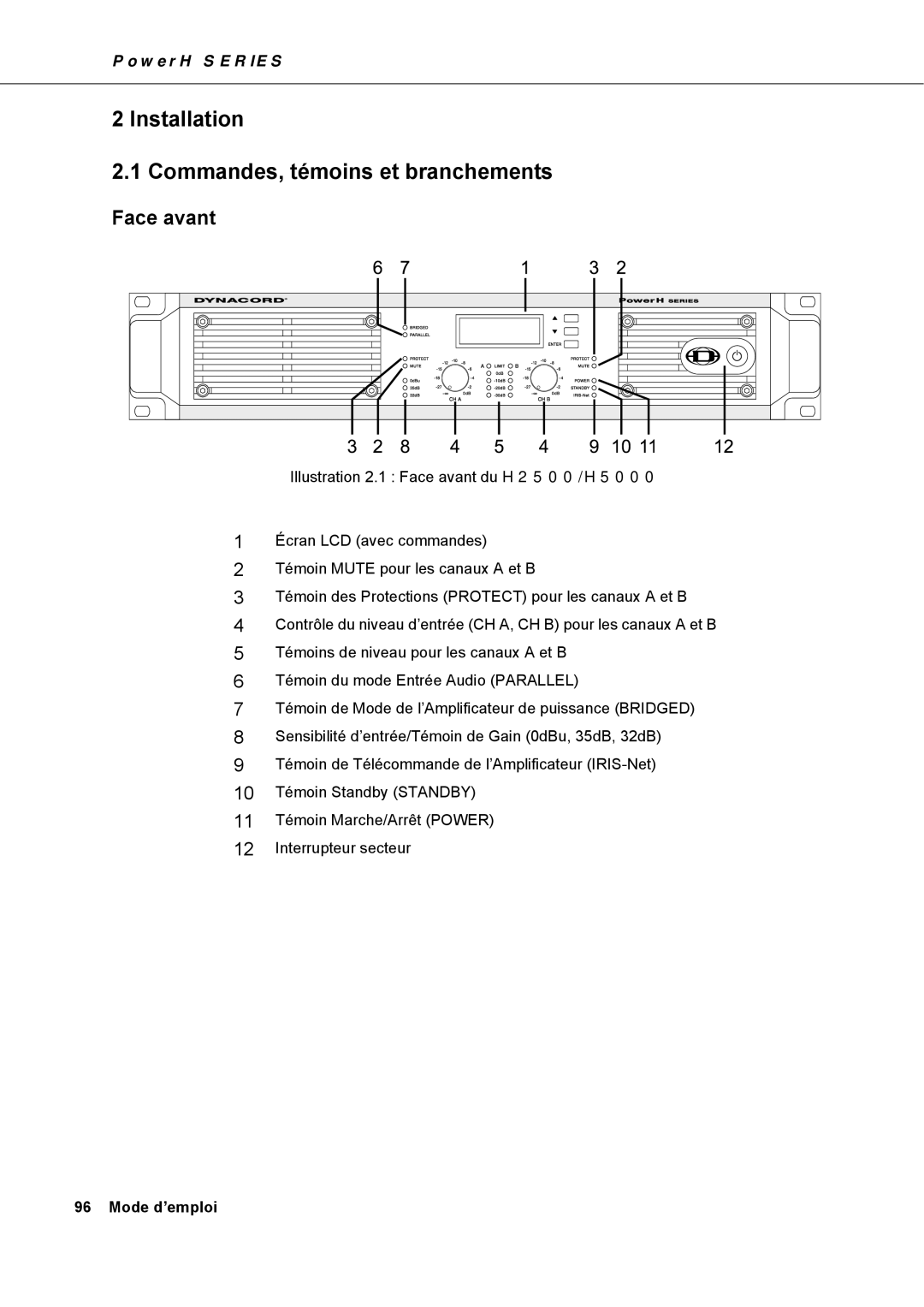 Dynacord H 2500, H 5000 owner manual Installation Commandes, témoins et branchements, Face avant 