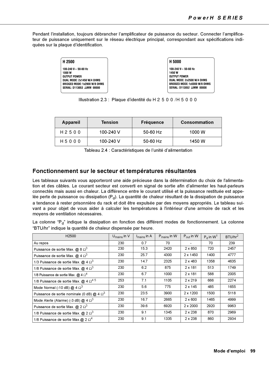 Dynacord H 5000, H 2500 owner manual Fonctionnement sur le secteur et températures résultantes 