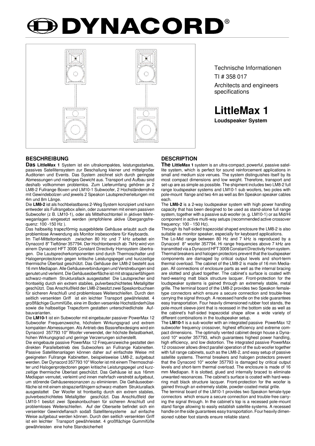 Dynacord LittleMax1 specifications Beschreibung, Description 