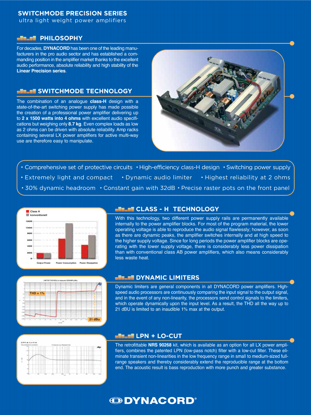 Dynacord LX3000 manual Switchmode Precision Series, Philosophy, Switchmode Technology, Class H Technology, Dynamic Limiters 