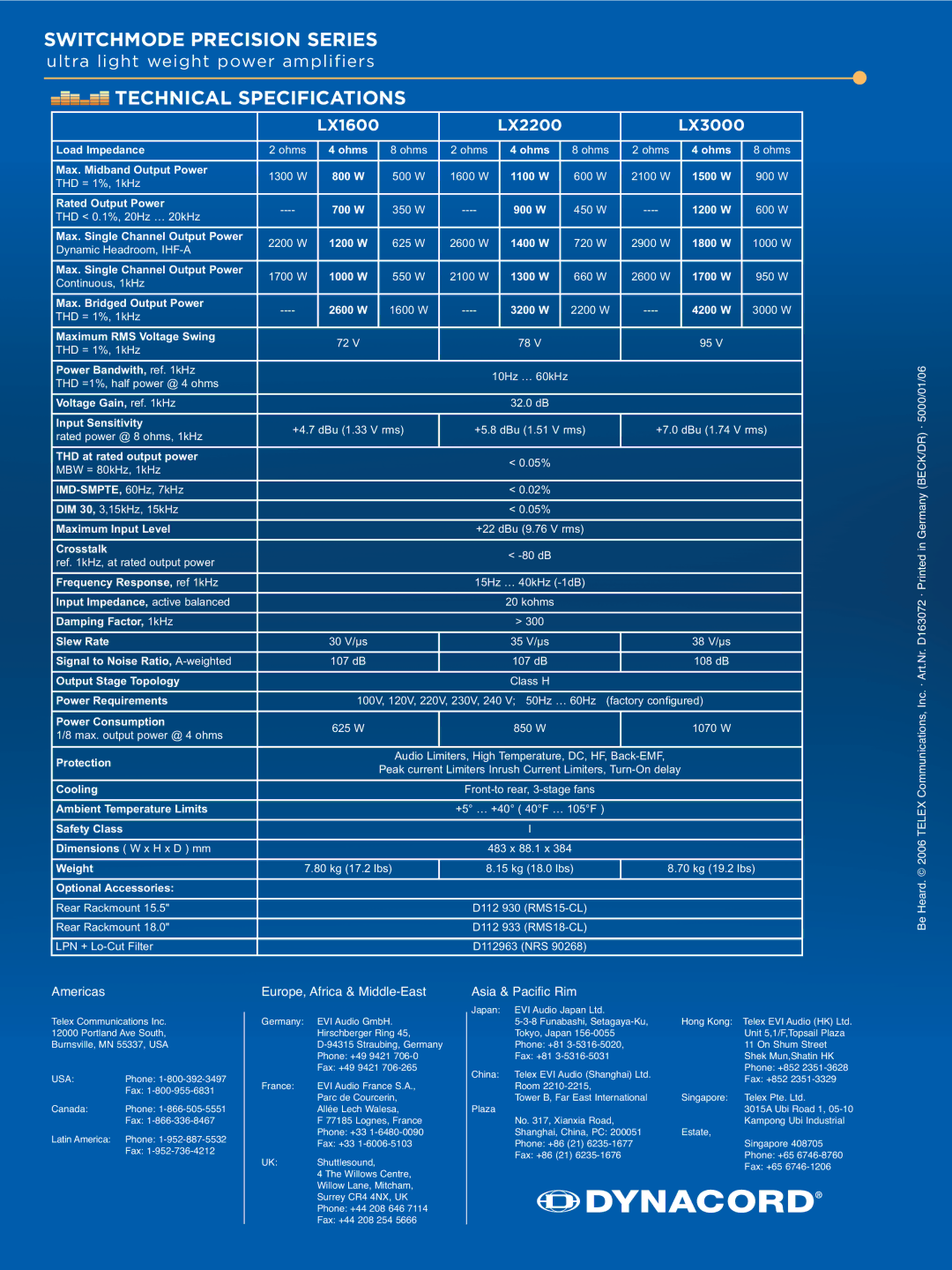 Dynacord manual Technical Specifications, LX1600 LX2200 LX3000 