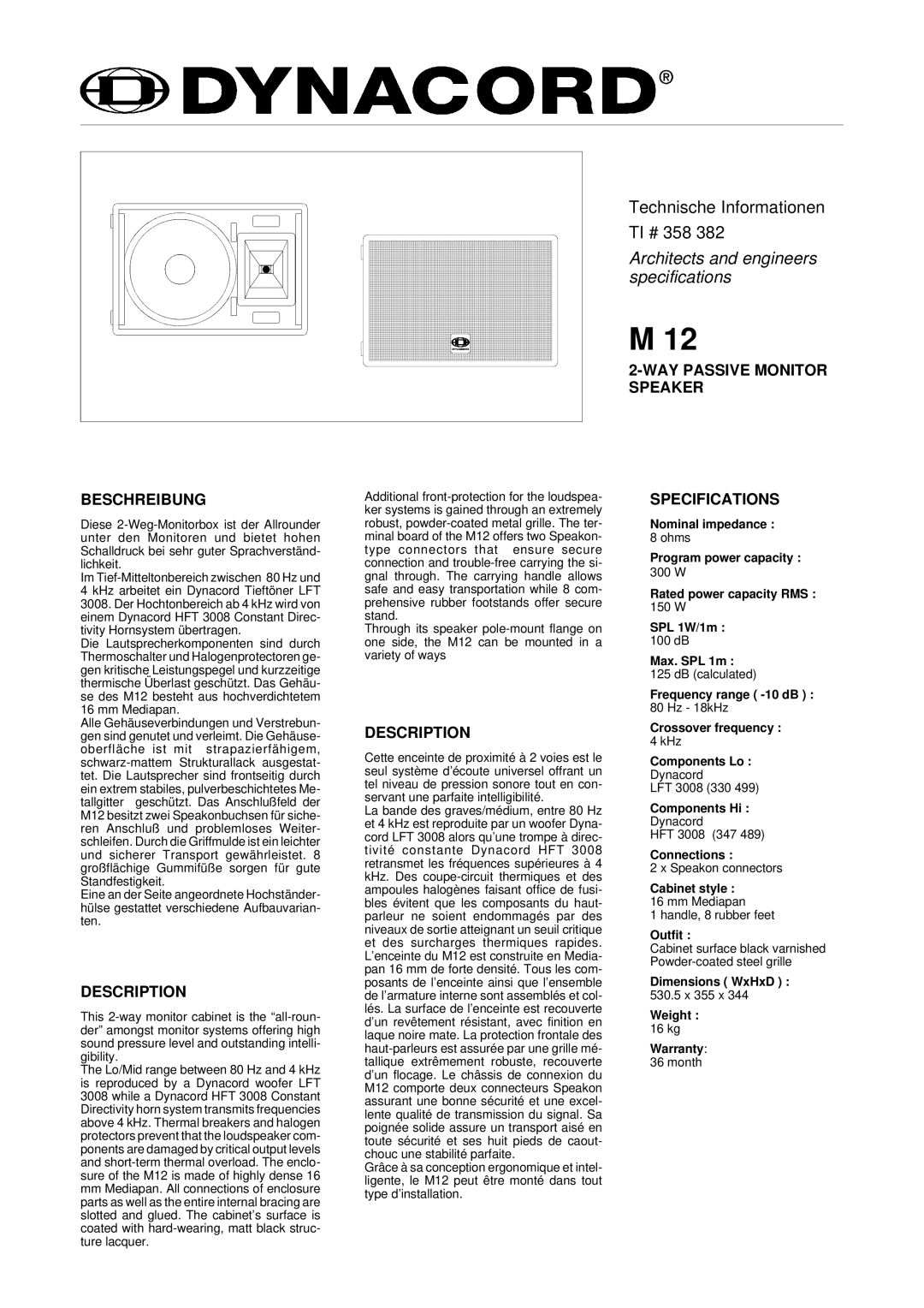 Dynacord M 12 specifications Architects and engineers specifications, Beschreibung, Description 