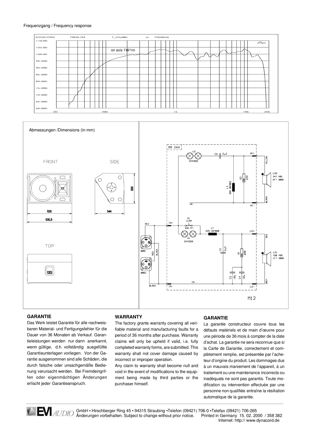 Dynacord M 12 specifications Garantie, Warranty 