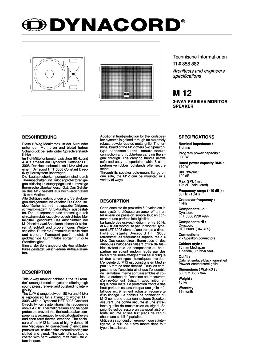Dynacord M 12 specifications Technische Informationen TI # 358, Architects and engineers specifications, Beschreibung 