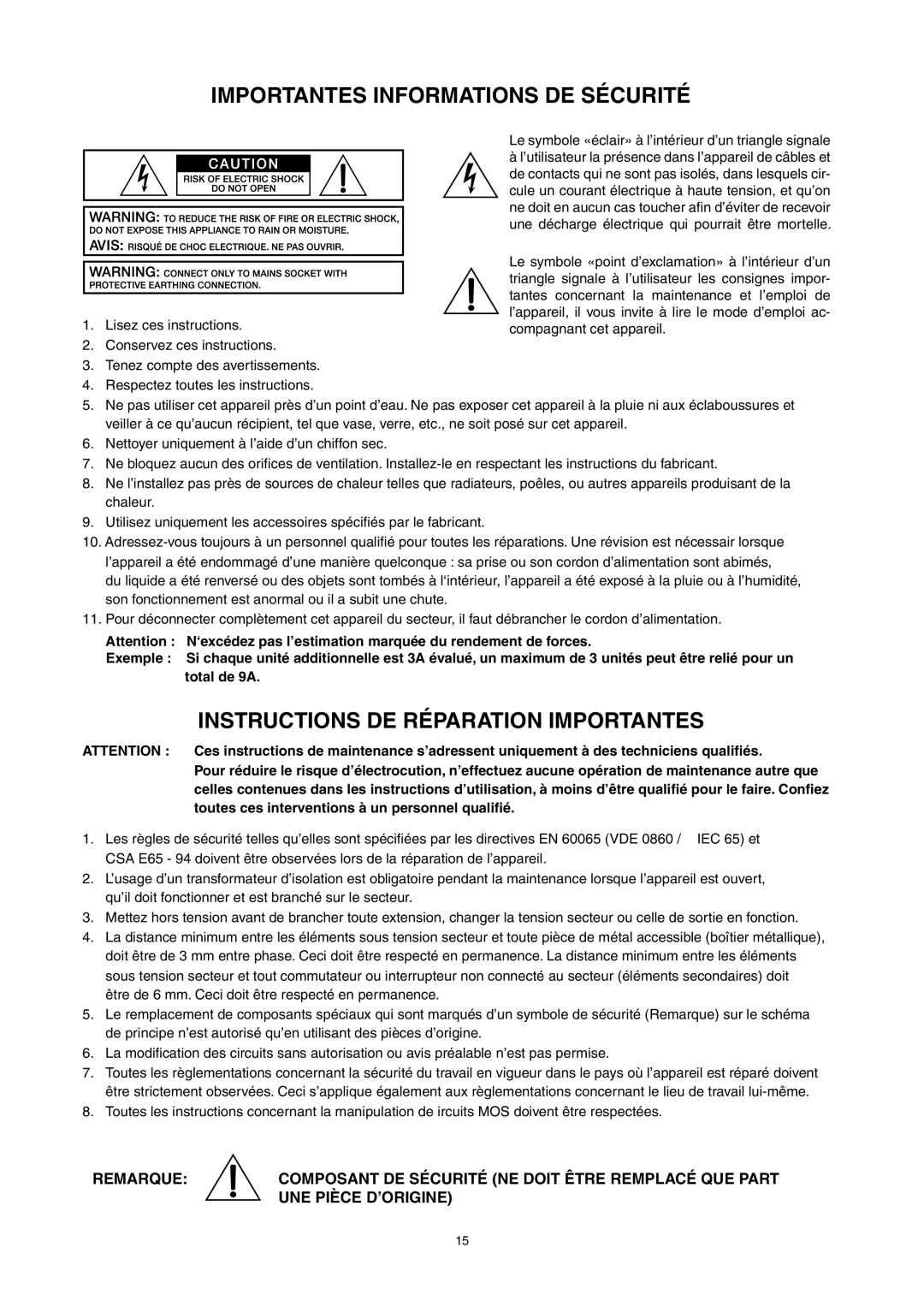 Dynacord M 15 owner manual Importantes Informations DE Sécurité 