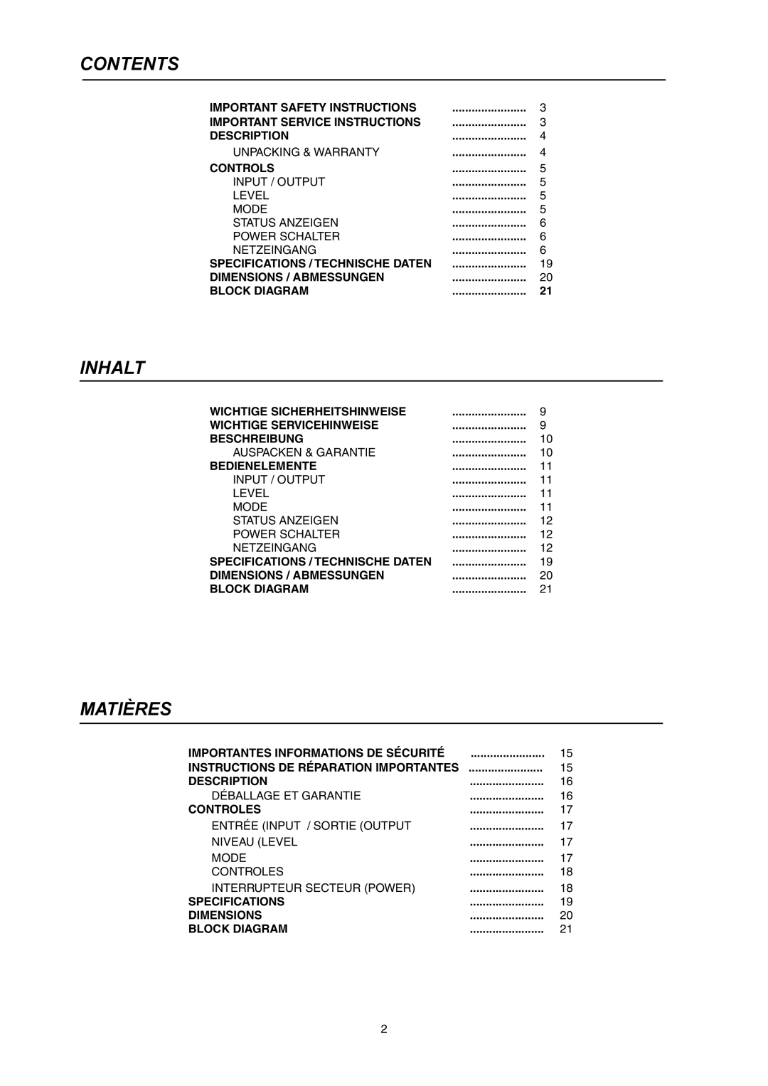 Dynacord M 15 owner manual Contents, Inhalt, Matières 