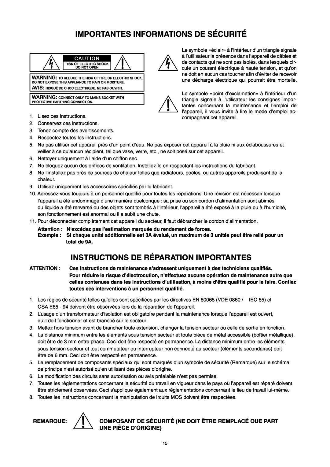 Dynacord M 15 Importantes Informations De Sécurité, Instructions De Réparation Importantes, Remarque, Une Pièce D’Origine 
