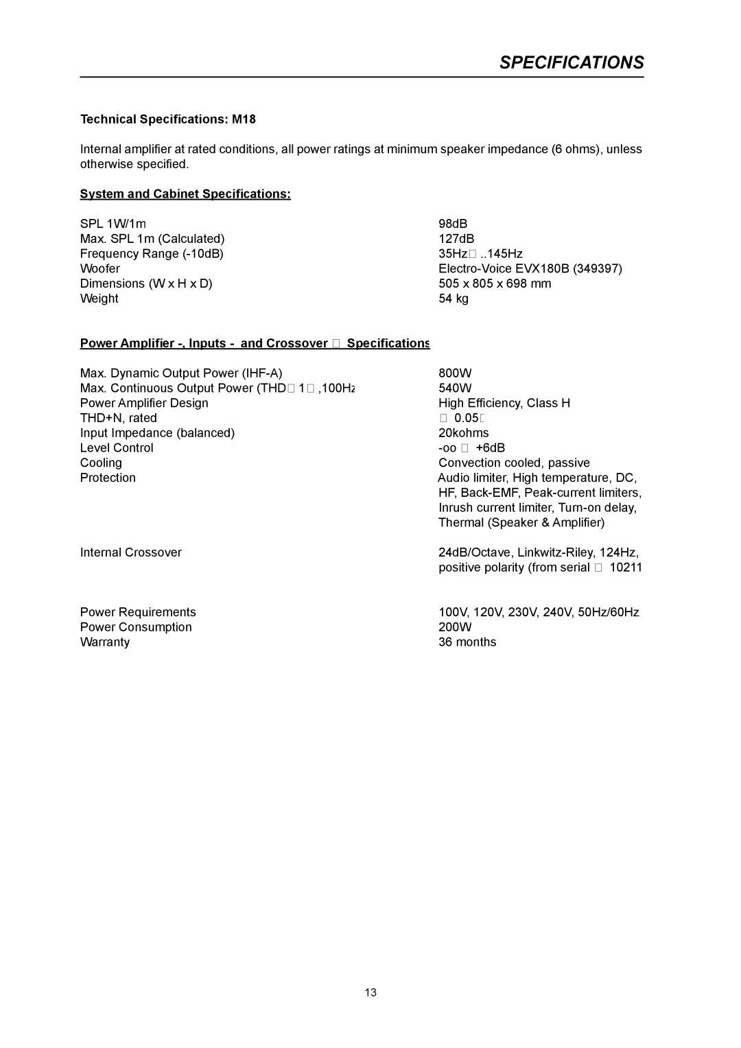 Dynacord M 18 owner manual Technical Specifications M18 