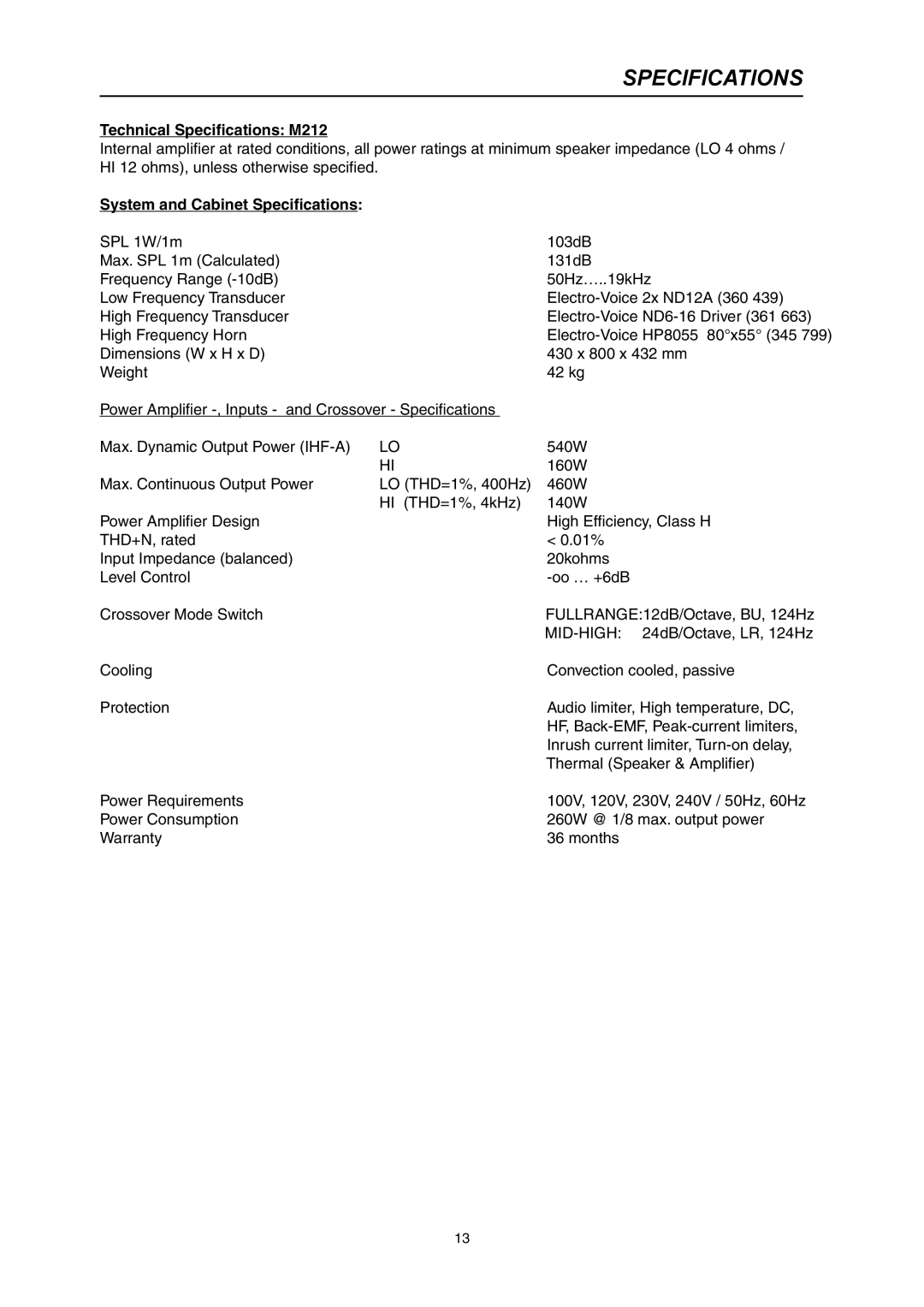 Dynacord Madras M 212 owner manual Technical Specifications M212 