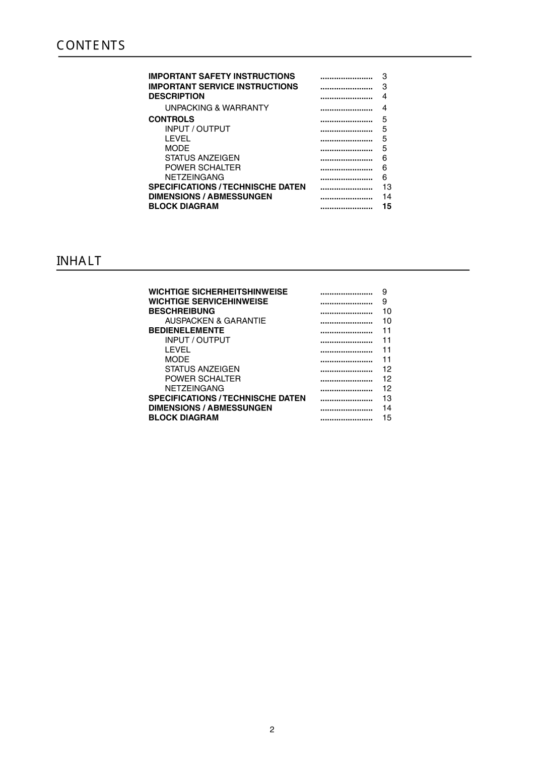 Dynacord Madras M 212 owner manual Contents, Inhalt 