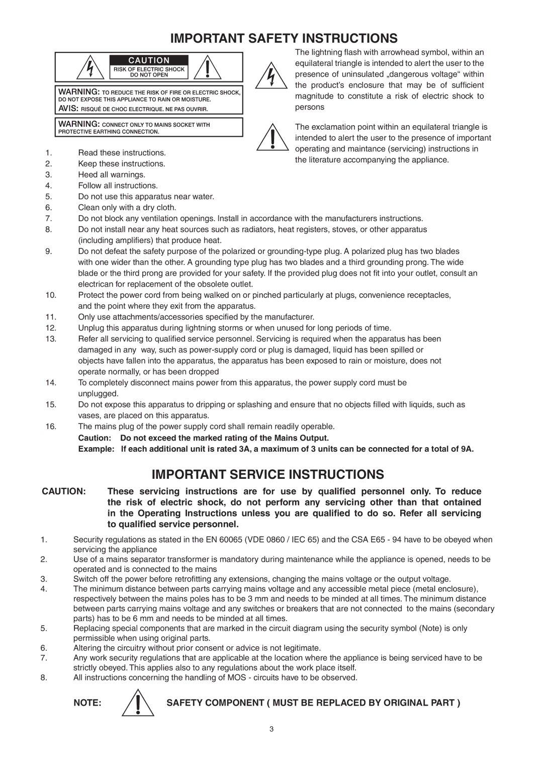 Dynacord Madras M 212 owner manual Safety Component Must be Replaced by Original Part 