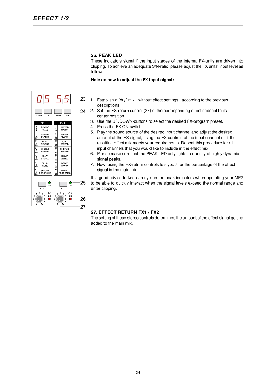 Dynacord MP7, ENTERTAINMENT SYSTEM owner manual Peak LED, Effect Return FX1 / FX2 