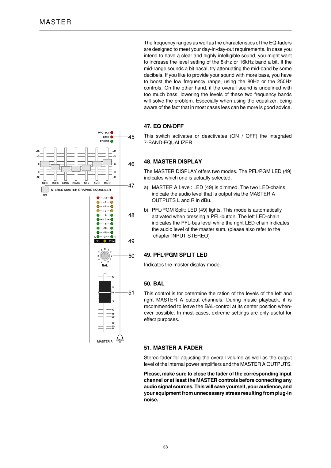 Dynacord MP7, ENTERTAINMENT SYSTEM owner manual Eq On/Off, Master Display, PFL/PGM Split LED, Master a Fader 