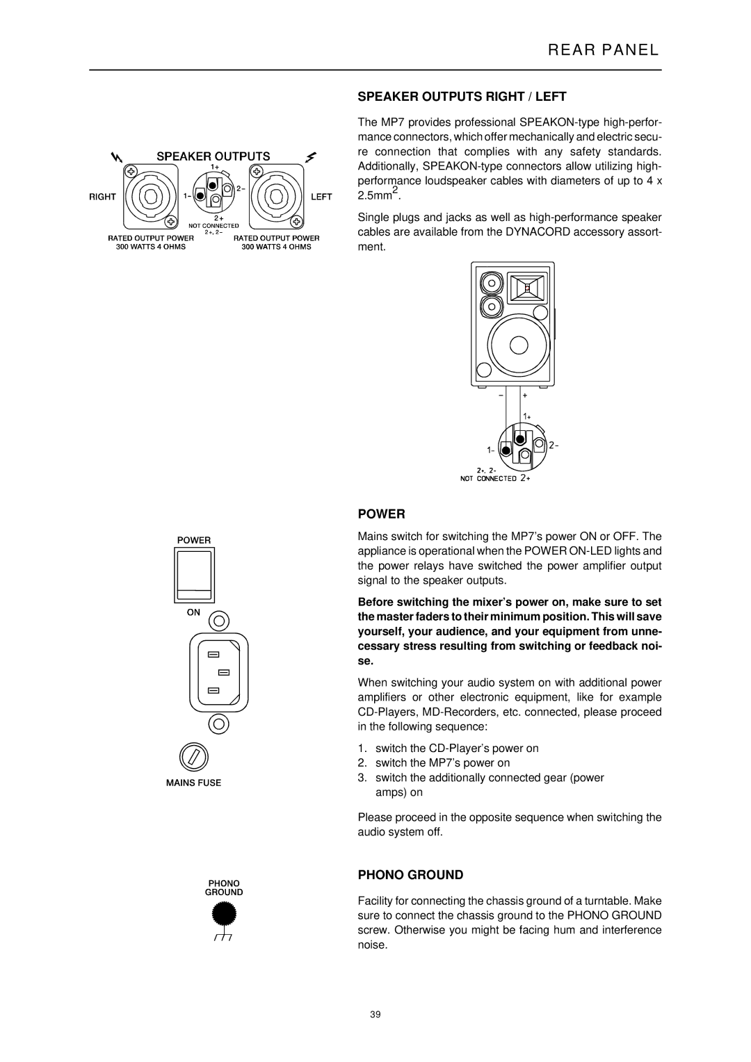 Dynacord ENTERTAINMENT SYSTEM, MP7 owner manual Rear Panel, Speaker Outputs Right / Left, Power, Phono Ground 