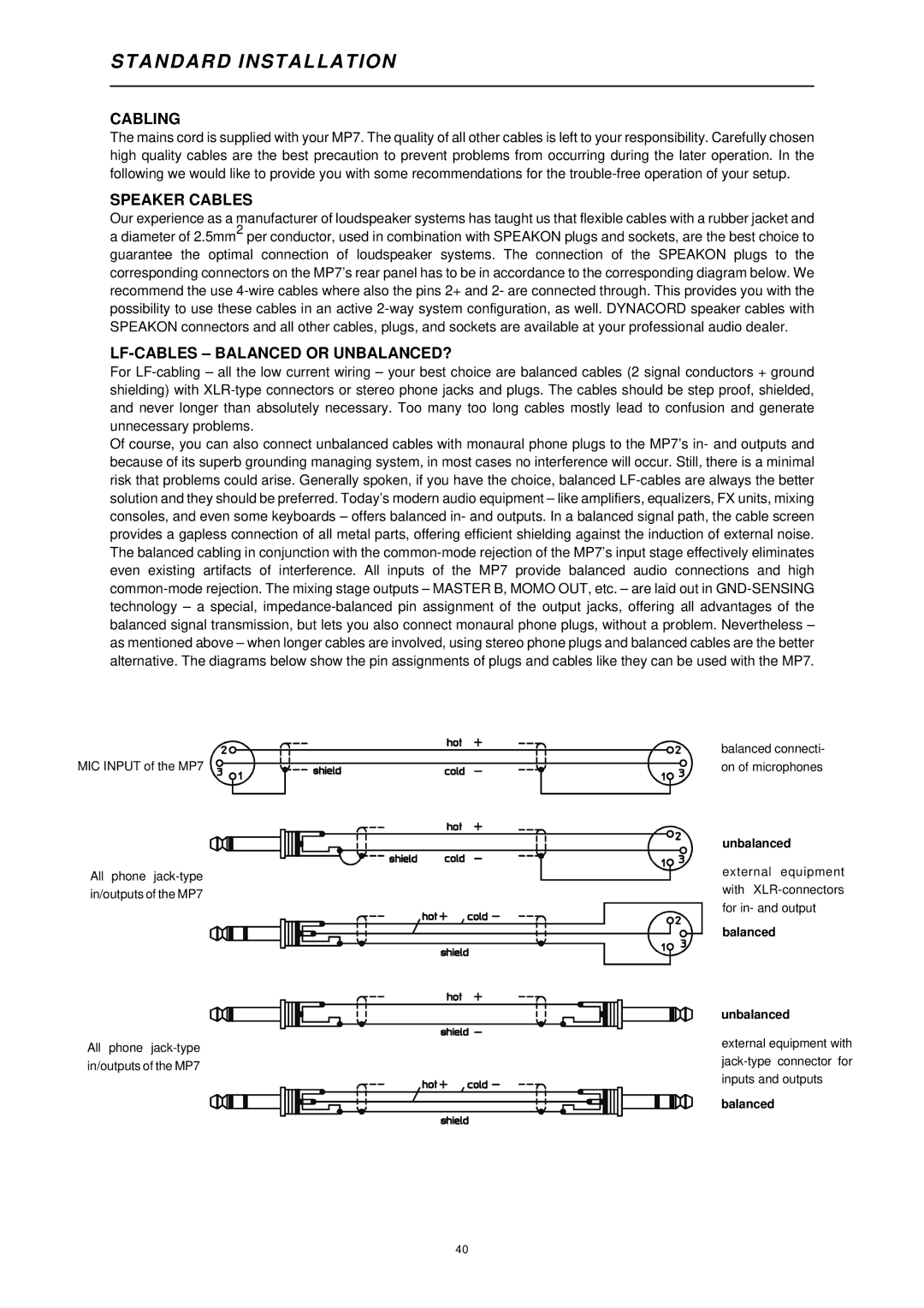 Dynacord MP7, ENTERTAINMENT SYSTEM Standard Installation, Cabling, Speaker Cables, LF-CABLES Balanced or UNBALANCED? 