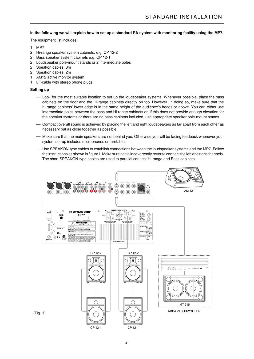 Dynacord ENTERTAINMENT SYSTEM, MP7 owner manual Setting up 