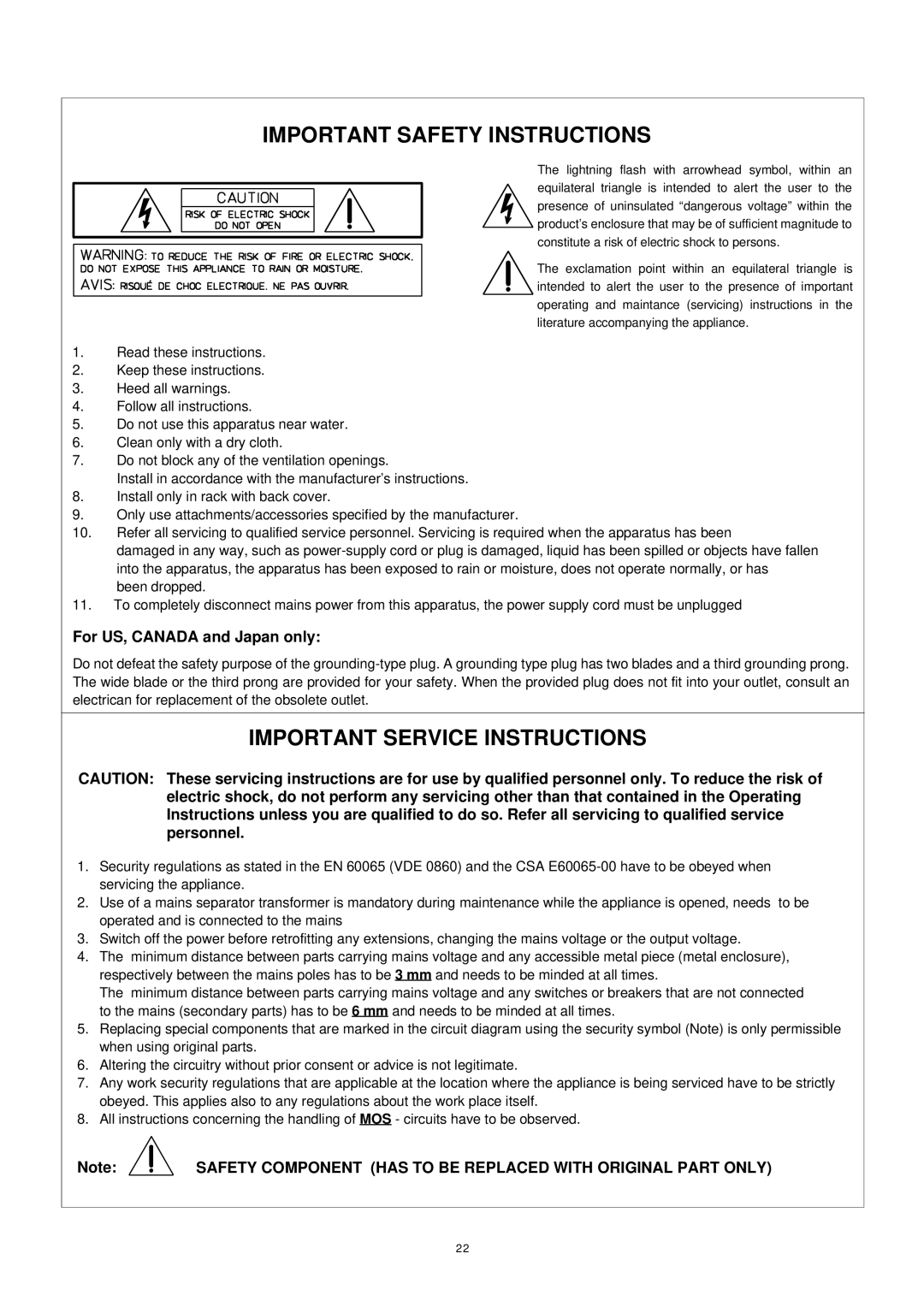 Dynacord MP7 owner manual For US, Canada and Japan only, Safety Component has to be Replaced with Original Part only 