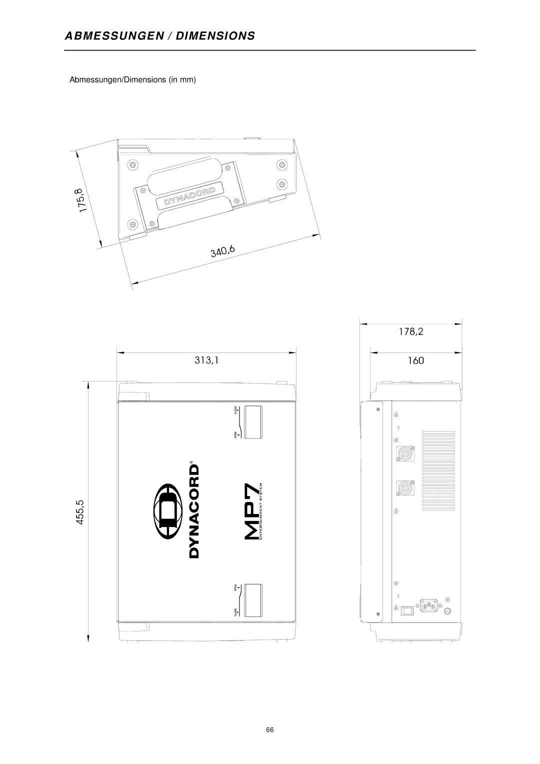 Dynacord MP7, ENTERTAINMENT SYSTEM owner manual Abmessungen / Dimensions 