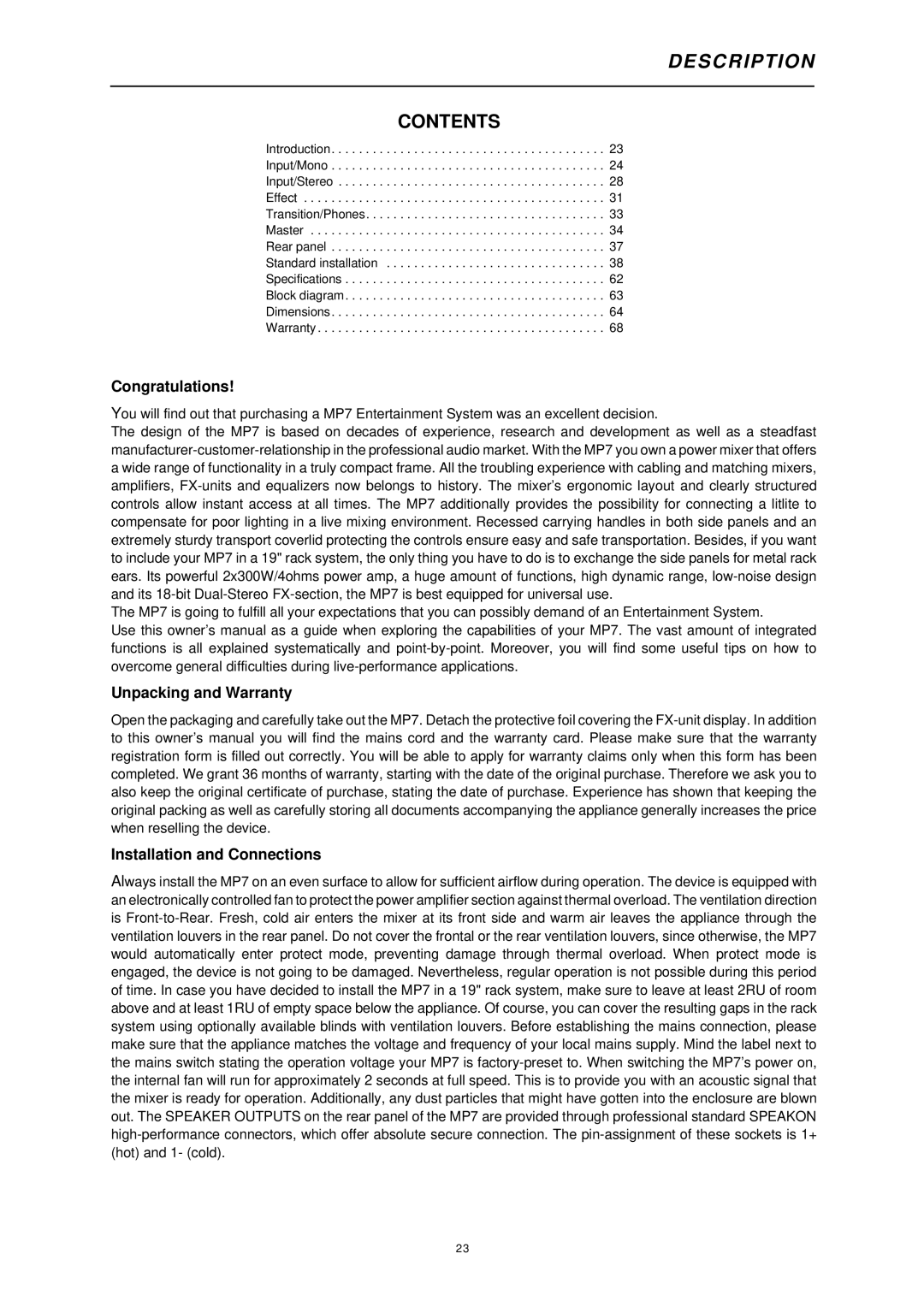 Dynacord ENTERTAINMENT SYSTEM, MP7 owner manual S C Ription, Contents 