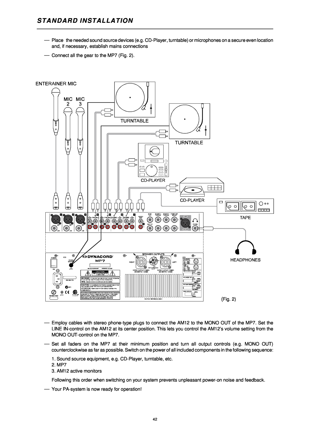 Dynacord ENTERTAINMENT SYSTEM owner manual Standard Installation, Connect all the gear to the MP7 Fig 