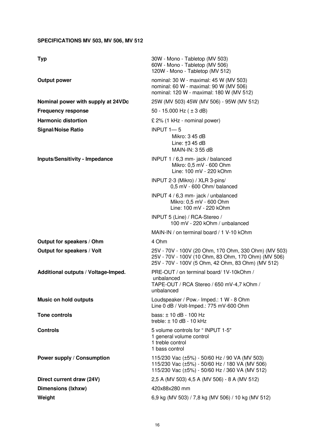 Dynacord MIXER AMPLIFIER, MV 512 owner manual Specifications MV 503, MV 506, MV 