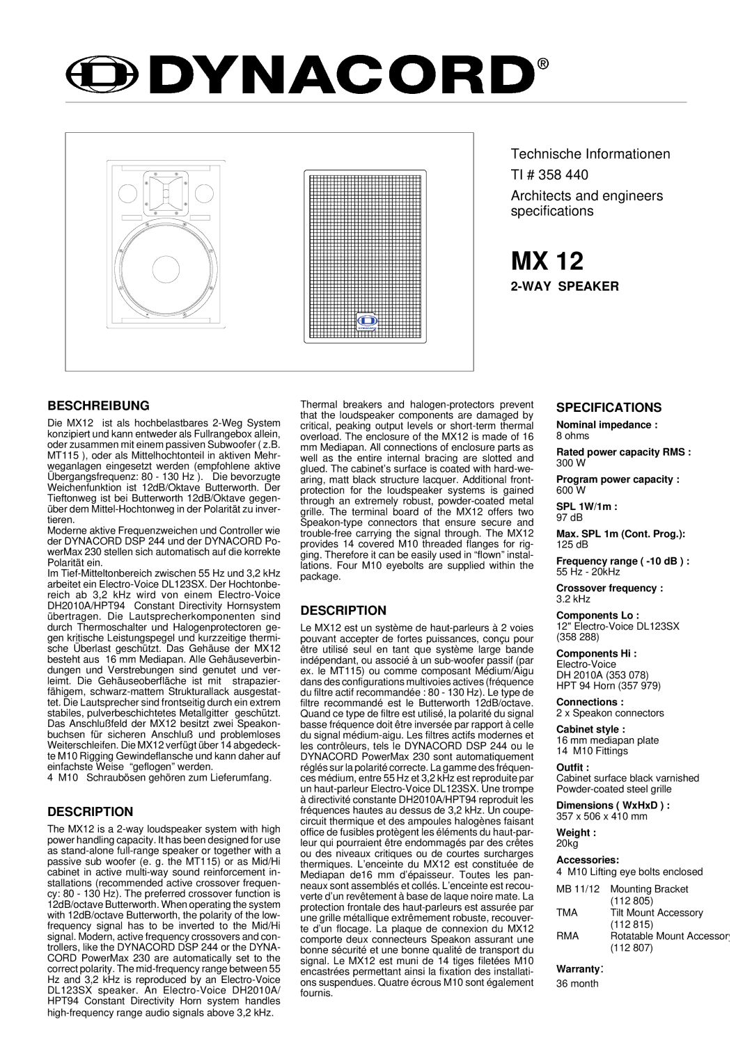 Dynacord MX 12 specifications WAY Speaker Beschreibung, Description, Specifications 