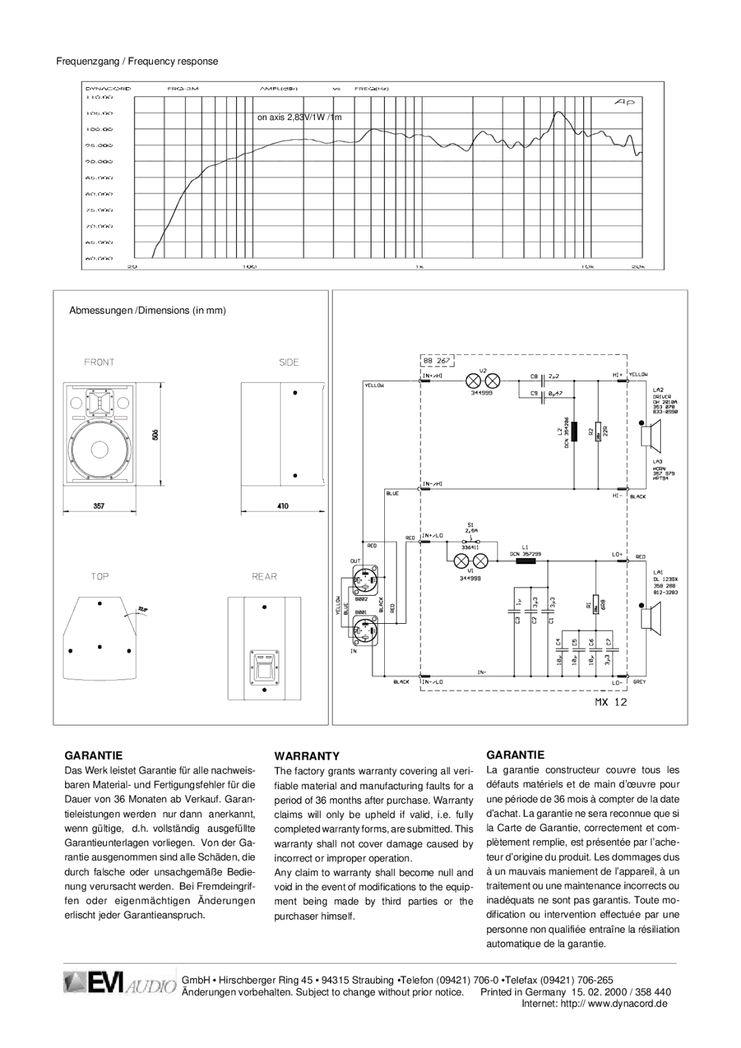 Dynacord MX 12 specifications Garantie, Warranty 