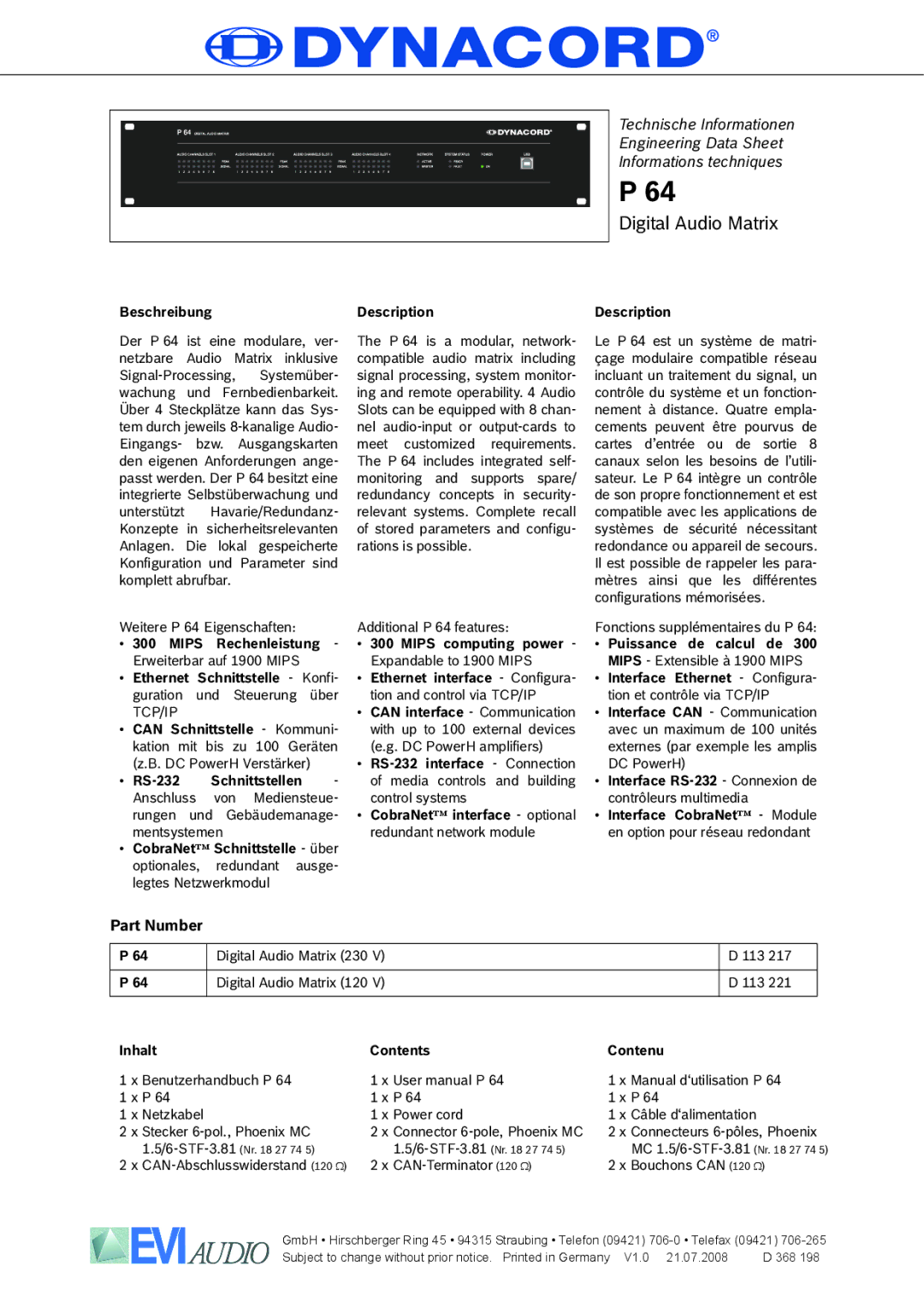 Dynacord P 64 user manual Part Number, Beschreibung Description, Inhalt Contents Contenu 