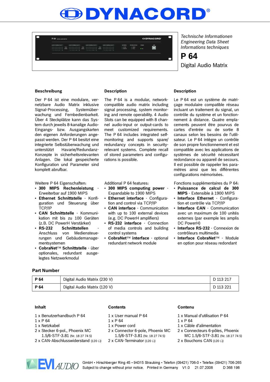 Dynacord P 64 user manual Part Number, Digital Audio Matrix, Technische Informationen Engineering Data Sheet 