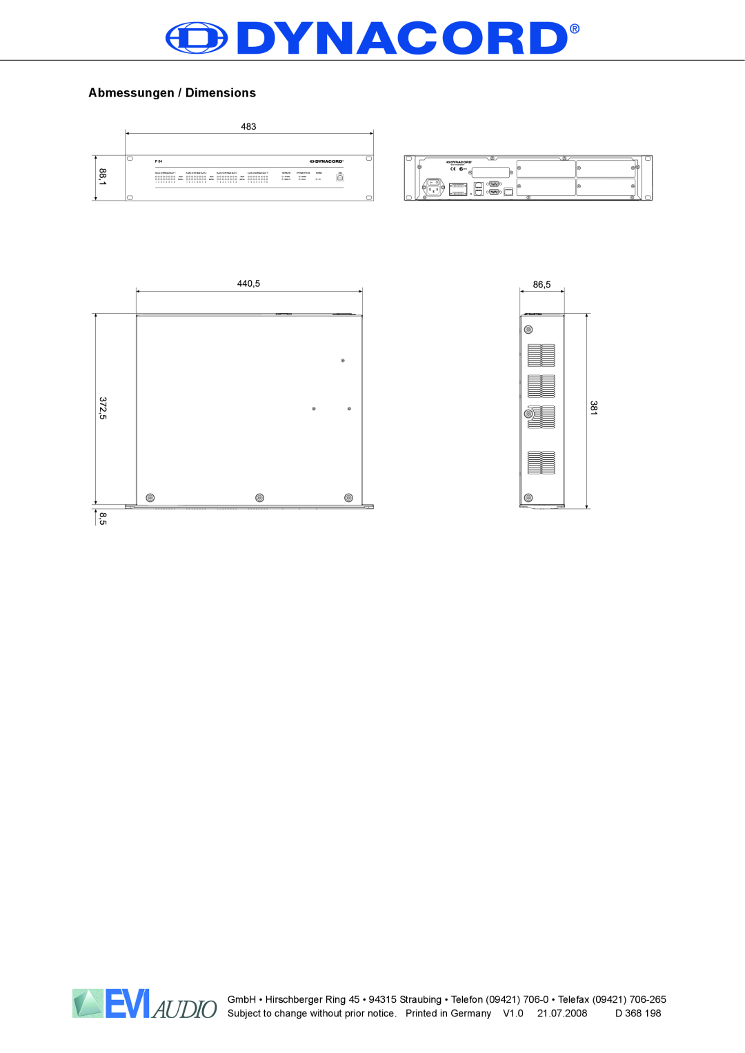 Dynacord P 64 user manual Abmessungen / Dimensions 