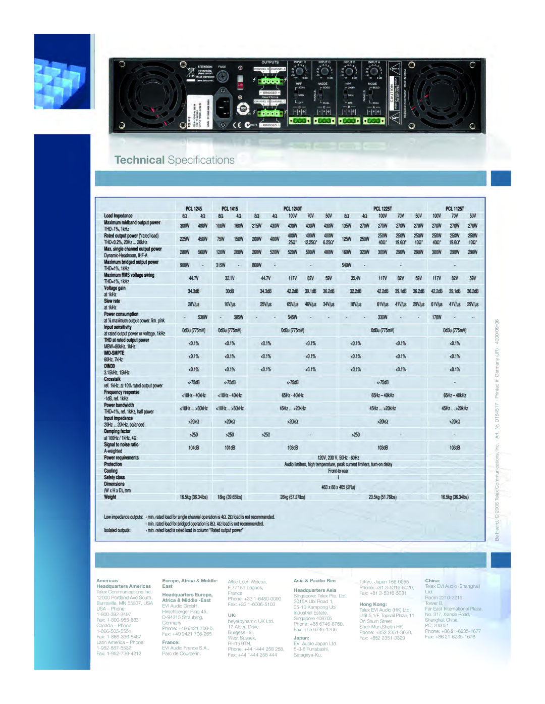 Dynacord PCL 1125T, PCL 1225T, PCL 1240T manual Technical Specifications 