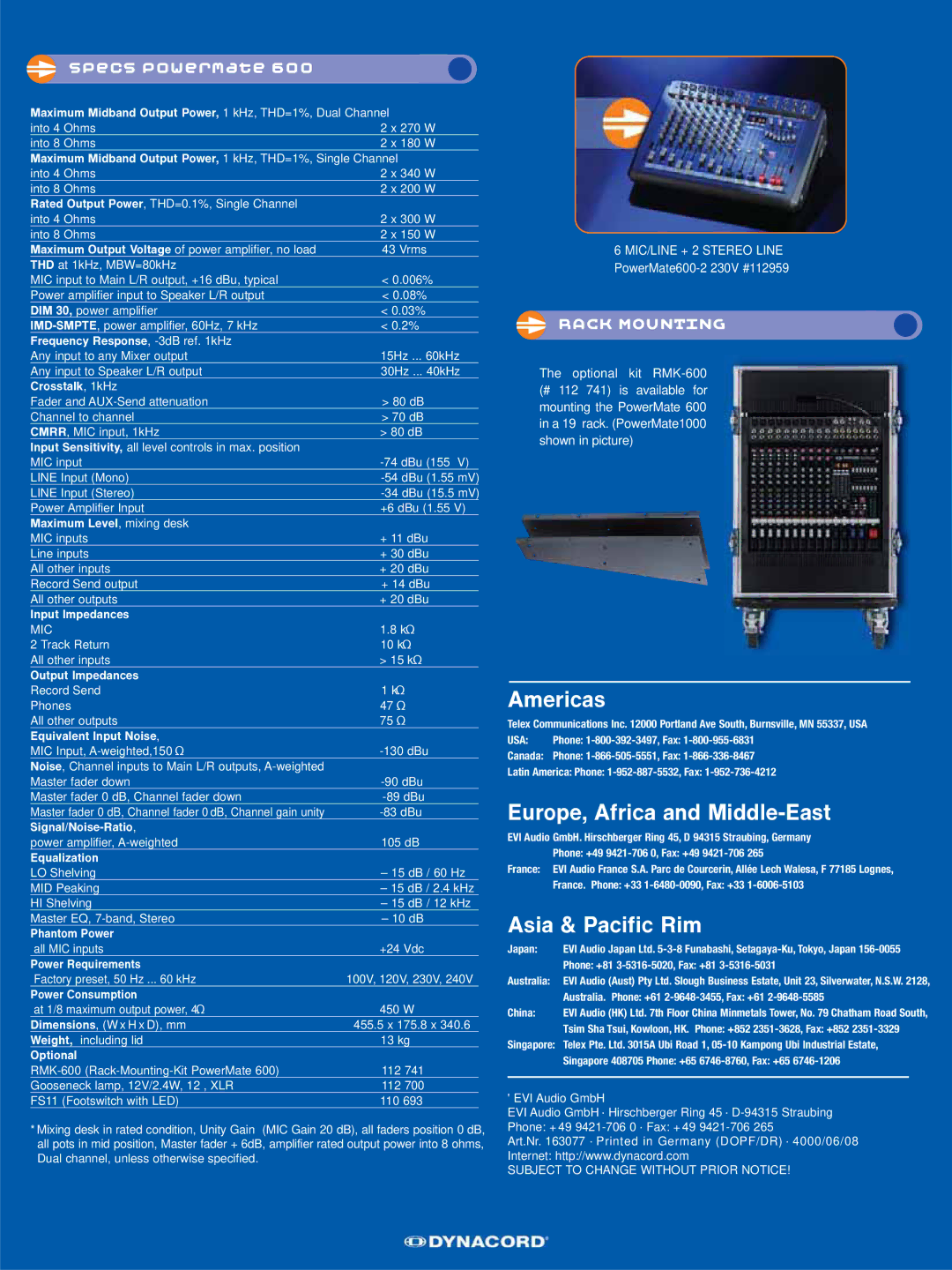 Dynacord Powered Mixer manual Specs powermate 