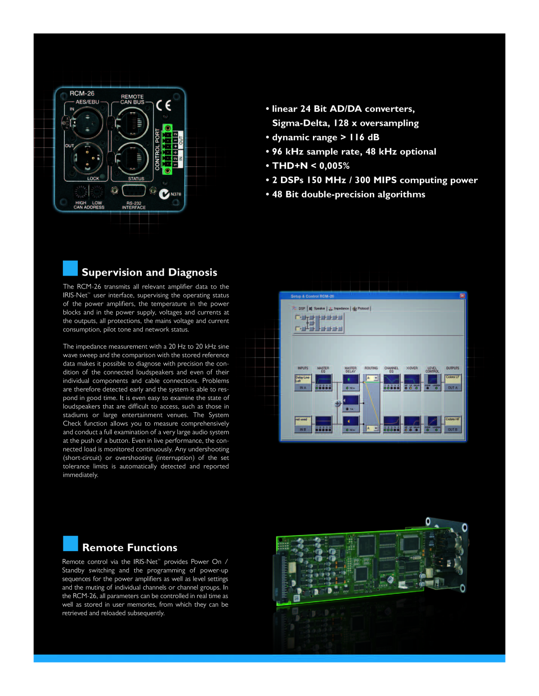 Dynacord PowerH Series manual Supervision and Diagnosis, Remote Functions, dynamic range > 116 dB, THD+N 0,005% 