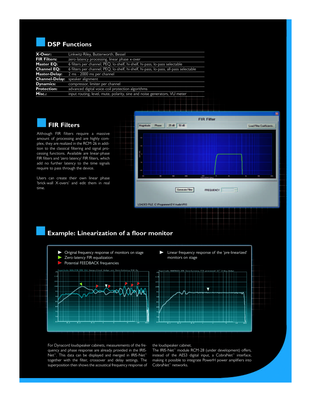 Dynacord PowerH Series DSP Functions, FIR Filters, Example Linearization of a floor monitor, X-Over, Master EQ, Channel EQ 