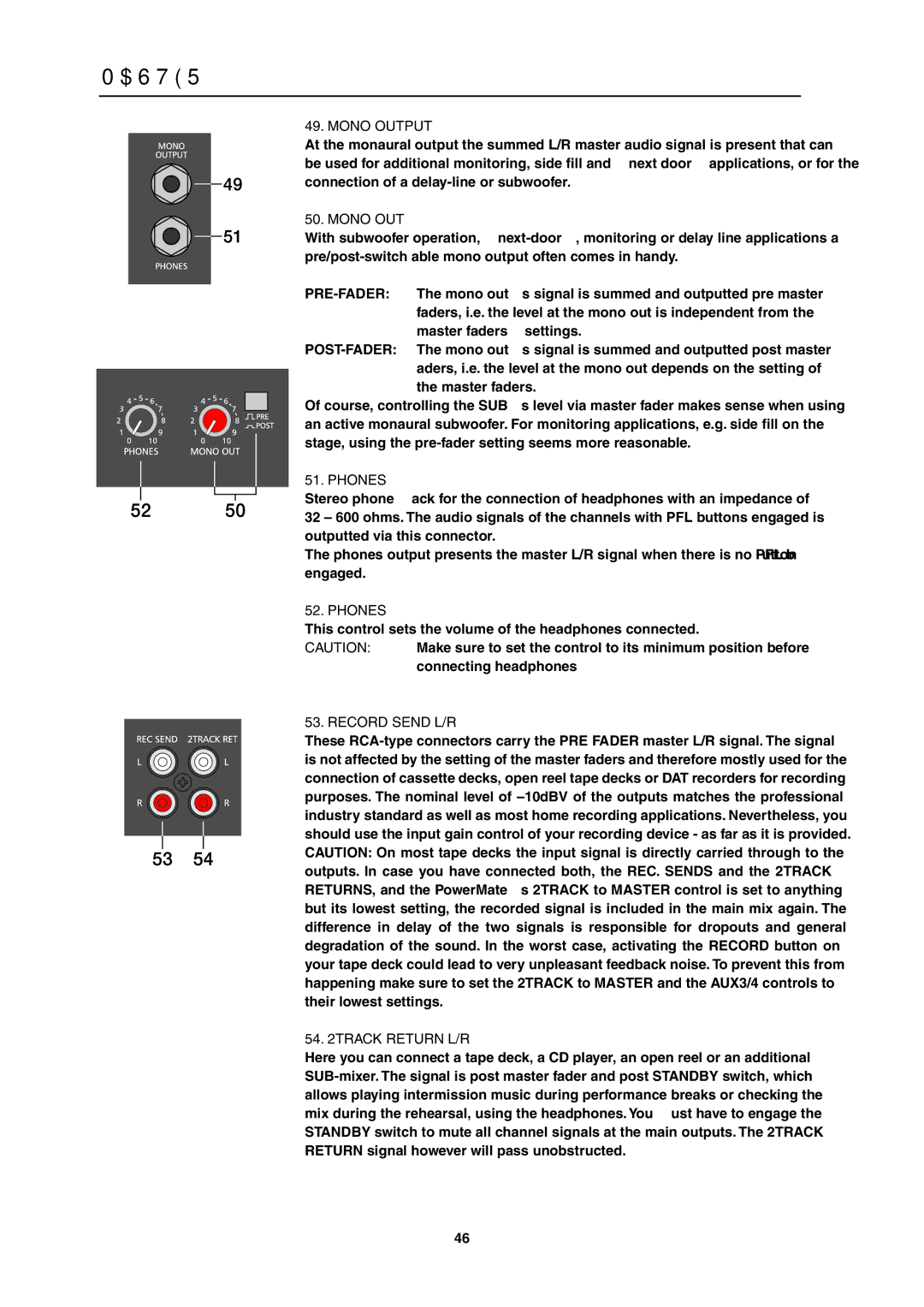 Dynacord PowerMate 1600 owner manual Mono Output, Mono OUT, Phones, Record Send L/R, Track Return L/R 