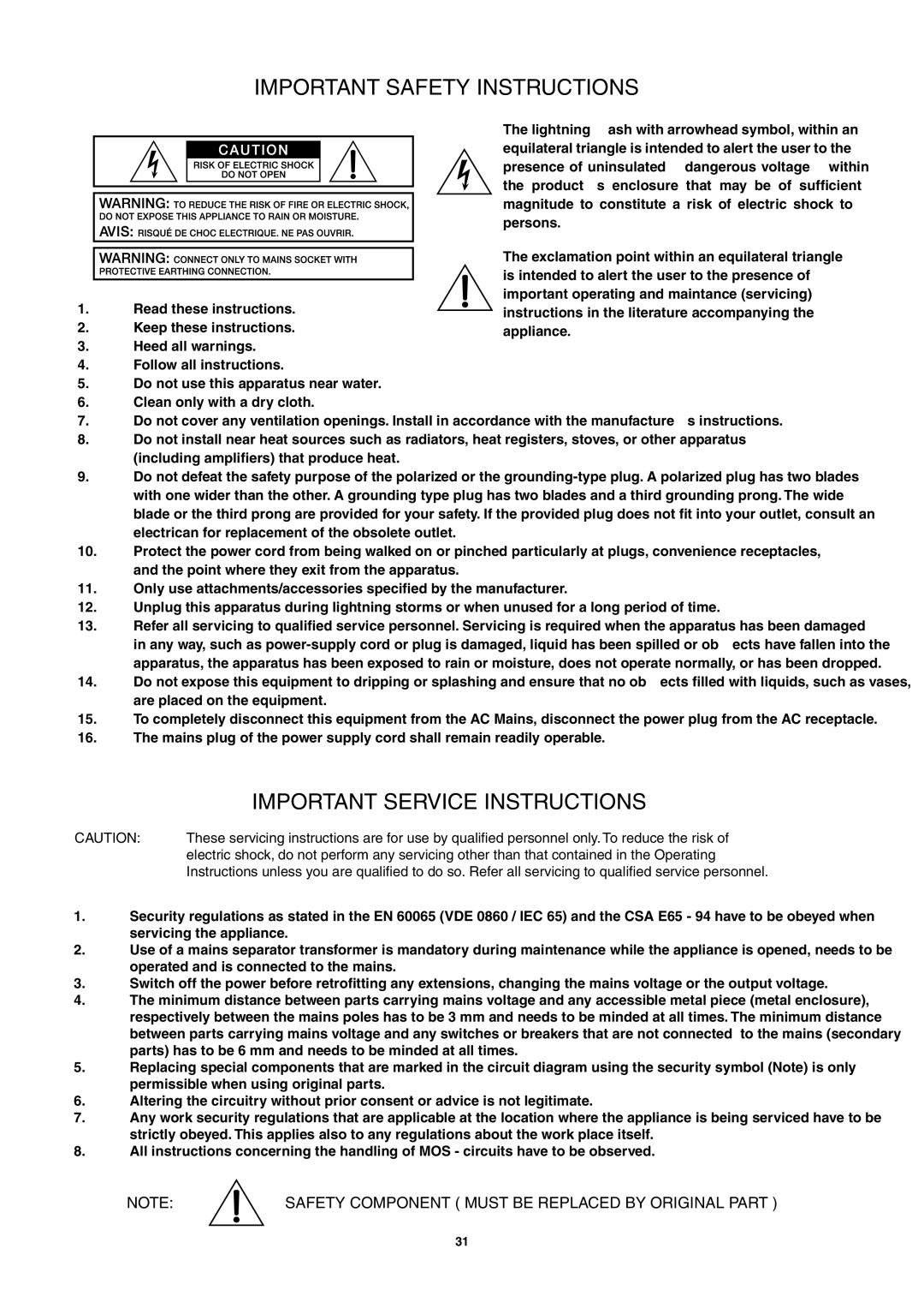 Dynacord PowerMate 1600 owner manual Safety Component Must be Replaced by Original Part 