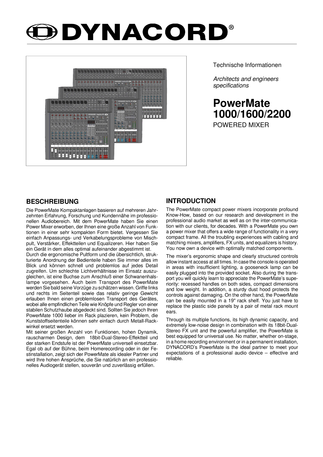 Dynacord PowerMate 2200 specifications PowerMate 1000/1600/2200 