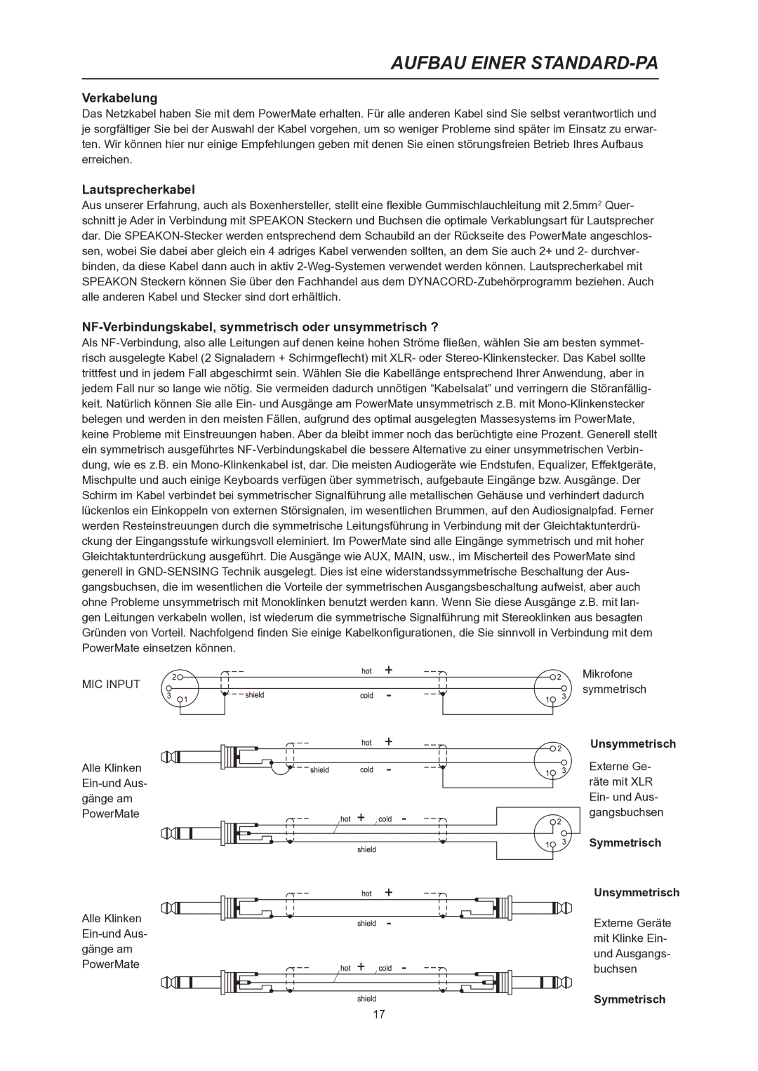 Dynacord PowerMate 600 owner manual Aufbau Einer STANDARD-PA, Symmetrisch Unsymmetrisch 