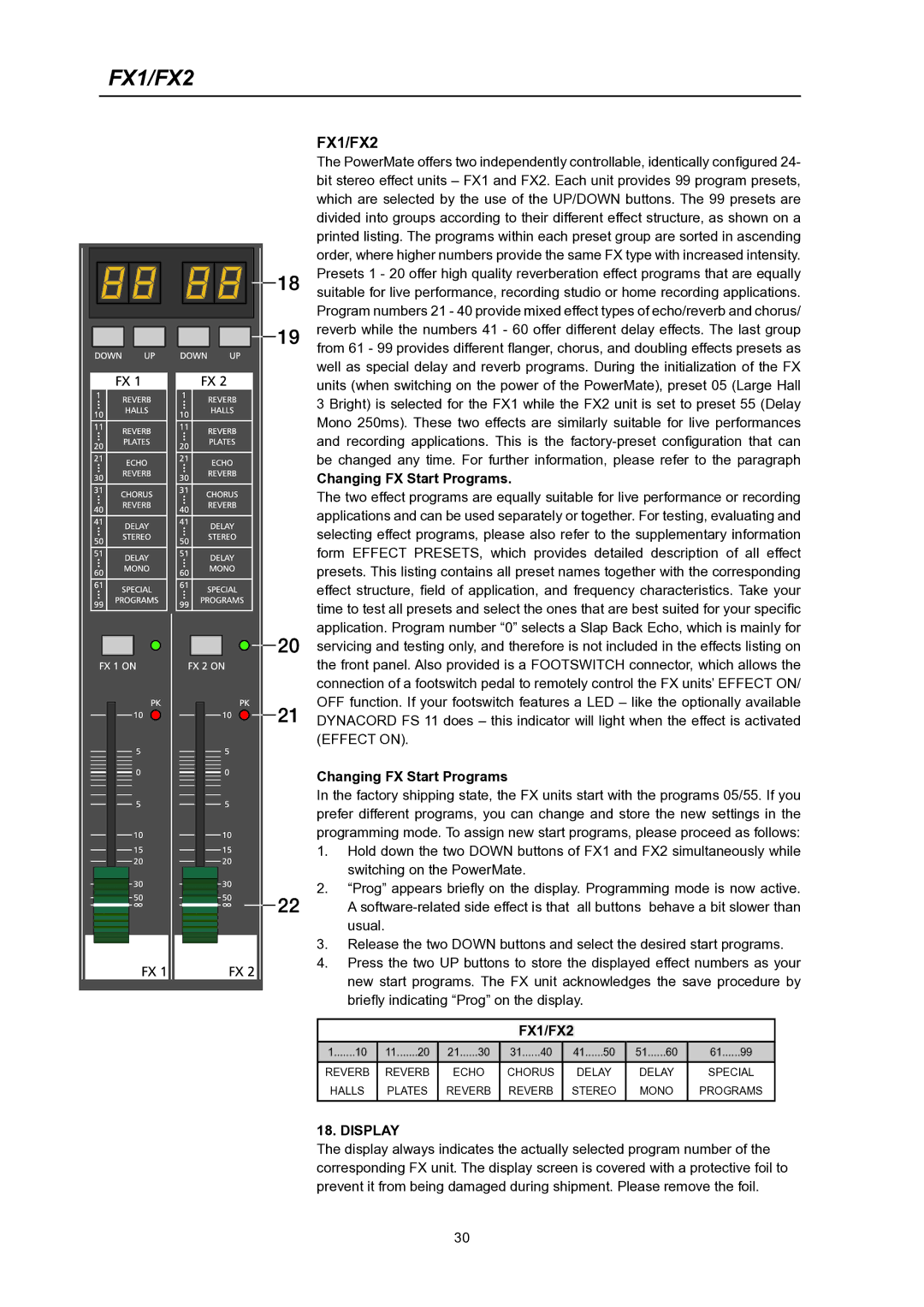 Dynacord PowerMate 600 owner manual FX1/FX2, Changing FX Start Programs 