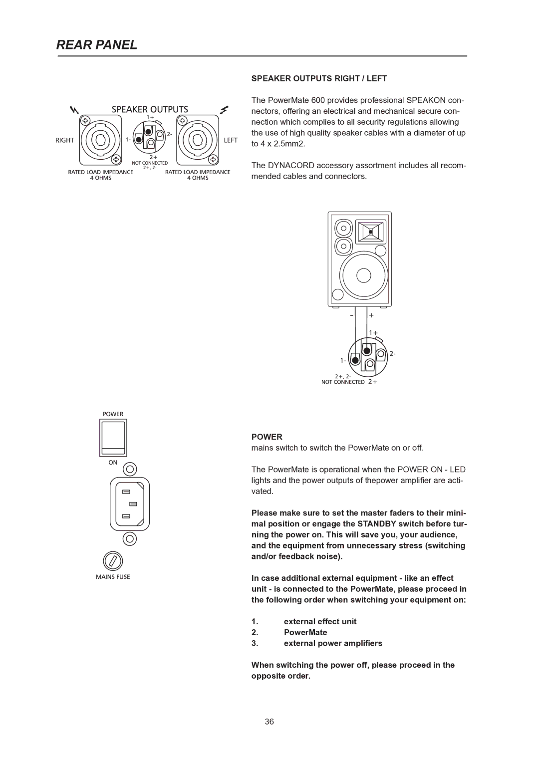 Dynacord PowerMate 600 owner manual Rear Panel, Speaker Outputs Right / Left 