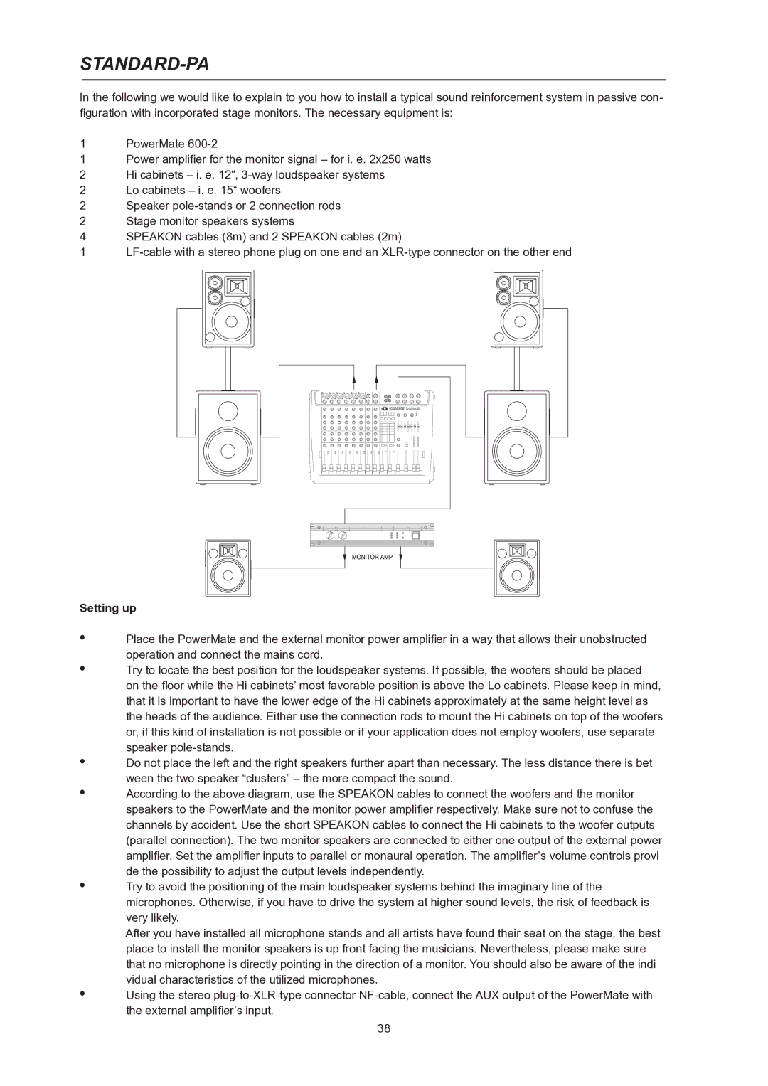 Dynacord PowerMate 600 owner manual Setting up 